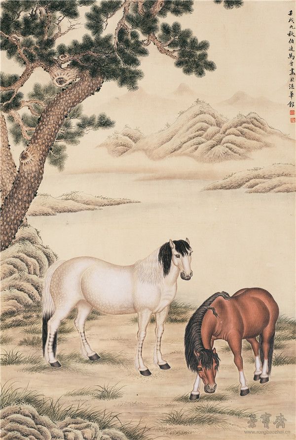 *81馬晉1898-1970 松下雙駿 設(shè)色紙本立軸