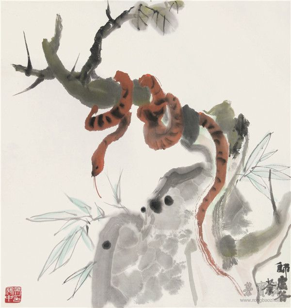 ?*74吳冠中1919-2010 仿虛谷蛇 設(shè)色紙本鏡心