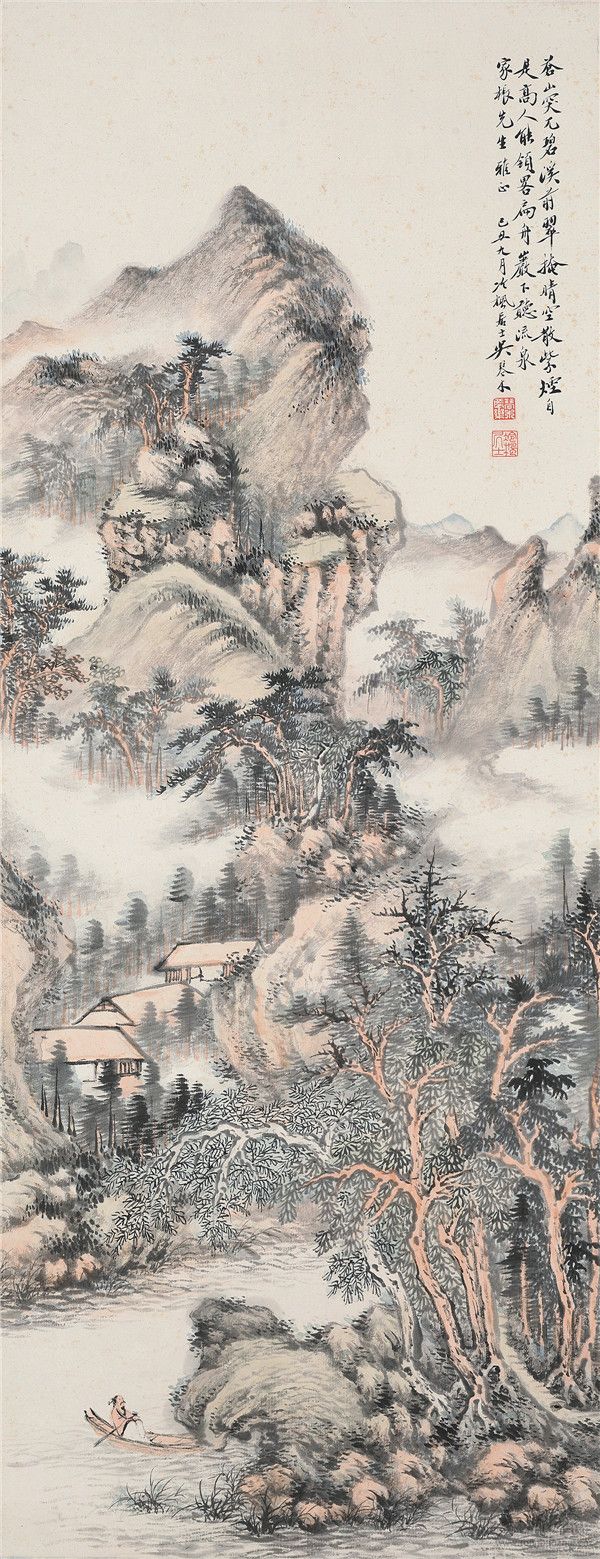 *49吳琴木1894-1953 泛舟圖 設(shè)色紙本鏡心